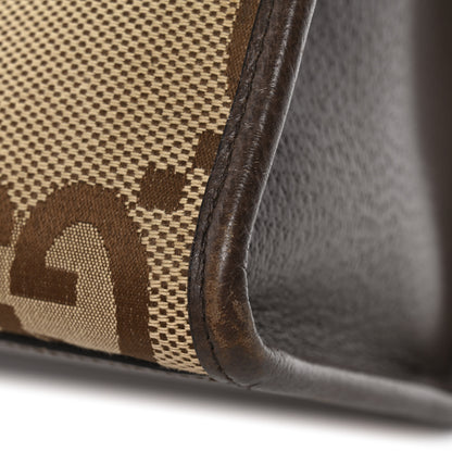 Gucci Monogram Jumbo GG Textured Dollar Calfskin Web Small Tote Bag Camel Ebony New Acero 17 of 20