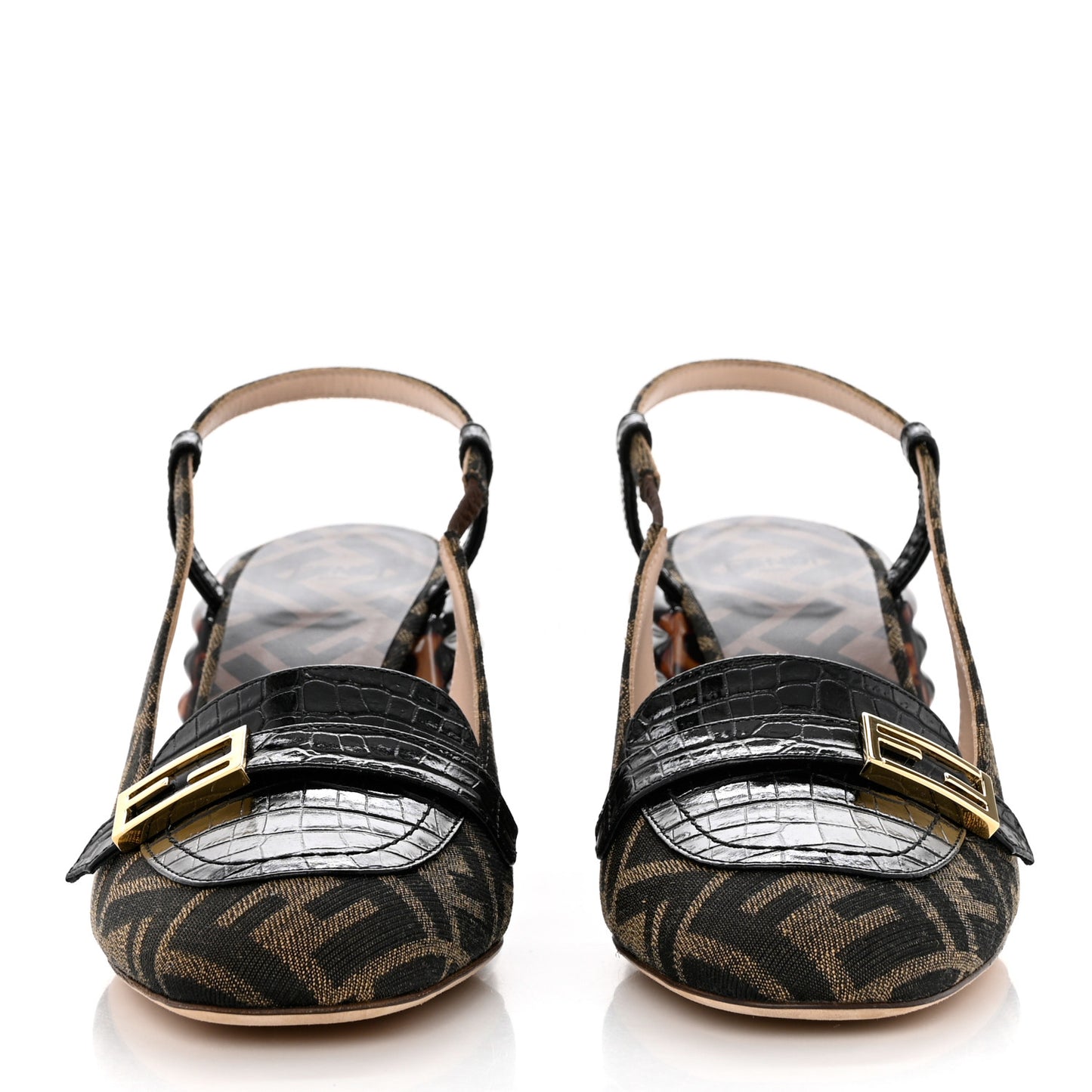 Calfskin Crocodile Embossed Promenade Slingback Loafer Pumps 38 Black Dark Brown Tobacco