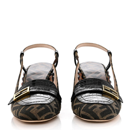 Fendi Calfskin Crocodile Embossed Promenade Slingback Loafer Pumps 38 Black Dark Brown Tobacco 2 of 8
