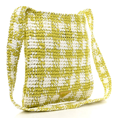 Prada Yarn Raffia Effect Crochet Embroidered Logo Tote Messenger Bag Citron Yellow 3 of 10