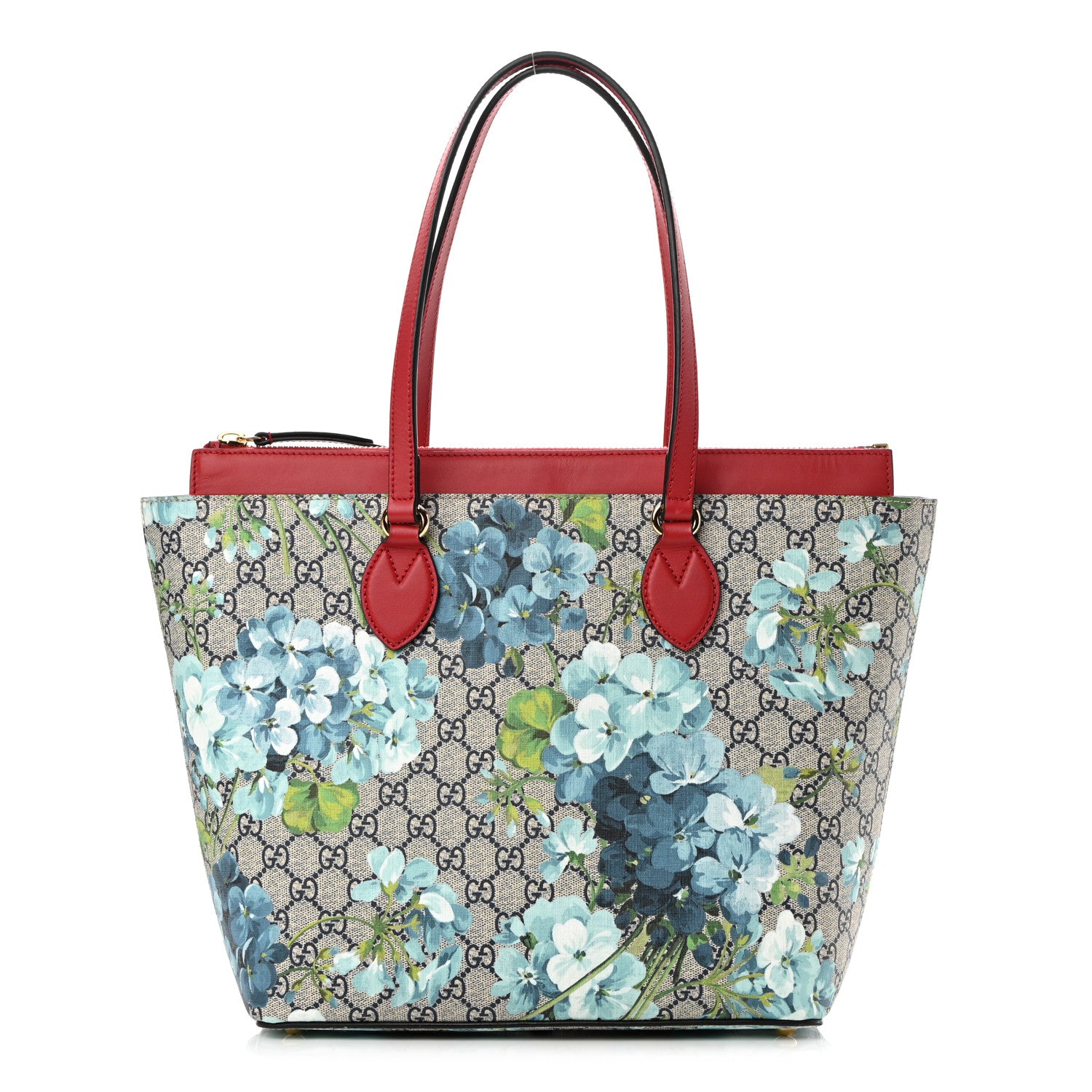 Gucci GG Supreme Monogram Blooms Medium Zippered Bucket Tote Beige Blue Navy Hibiscus Red 1 of 12