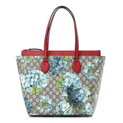 Gucci GG Supreme Monogram Blooms Medium Zippered Bucket Tote Beige Blue Navy Hibiscus Red 1 of 12