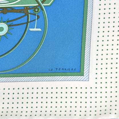 Hermes Silk Les Voitures A Transformation Scarf 90 Bleu Cobalt Ivorie Vert 3 of 7
