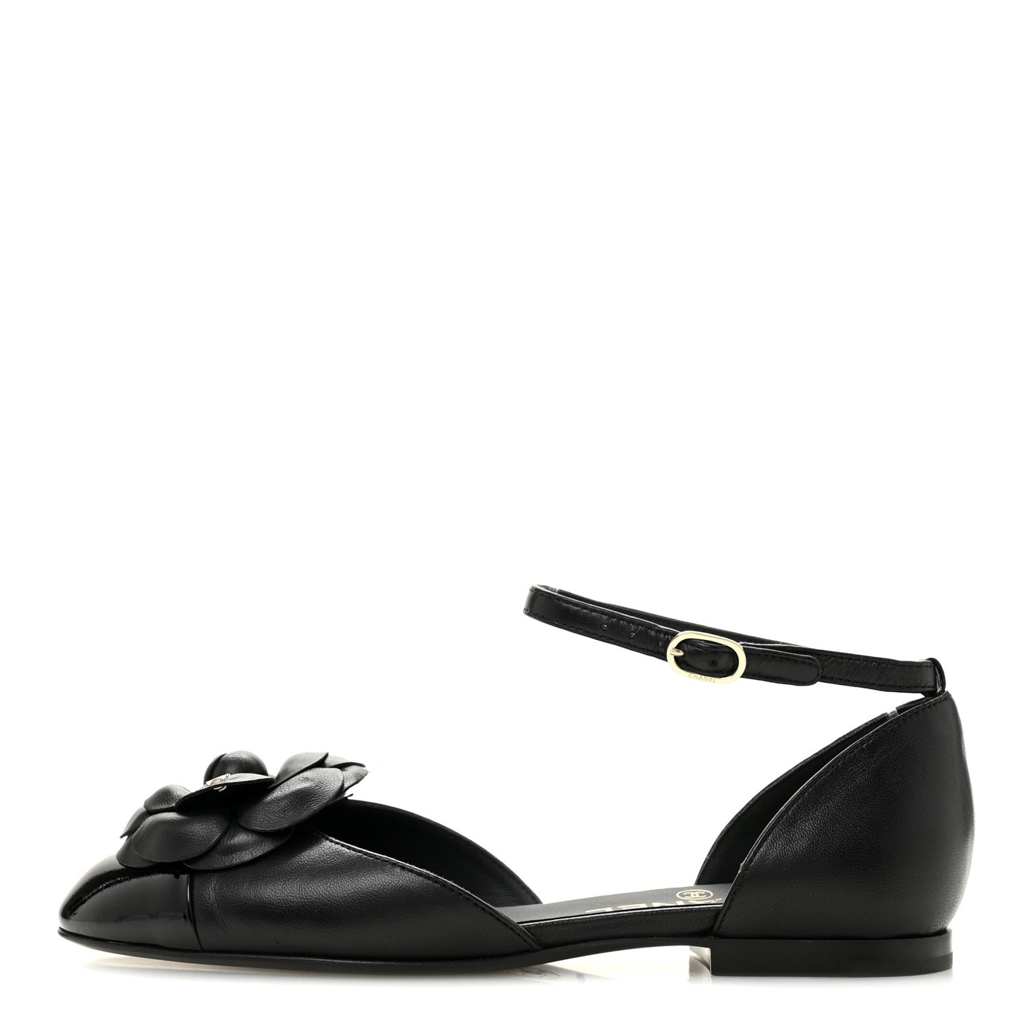 Lambskin Patent Calfskin Cap Toe Camellia Mary Jane Flats 36 Black