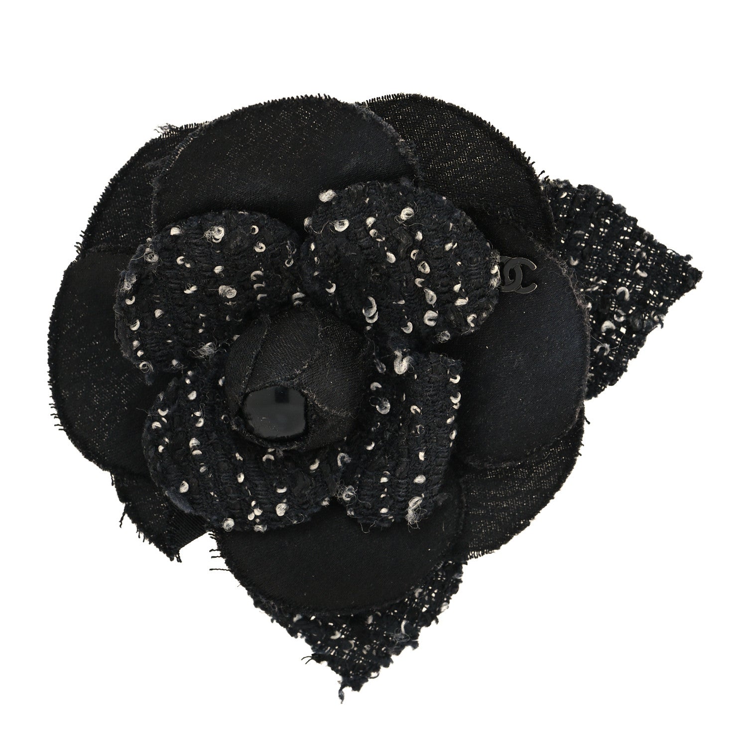 Chanel Tweed Camellia Pin Brooch Black 1 of 3