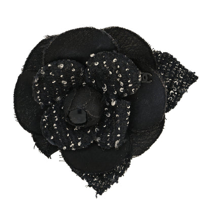Chanel Tweed Camellia Pin Brooch Black 1 of 3