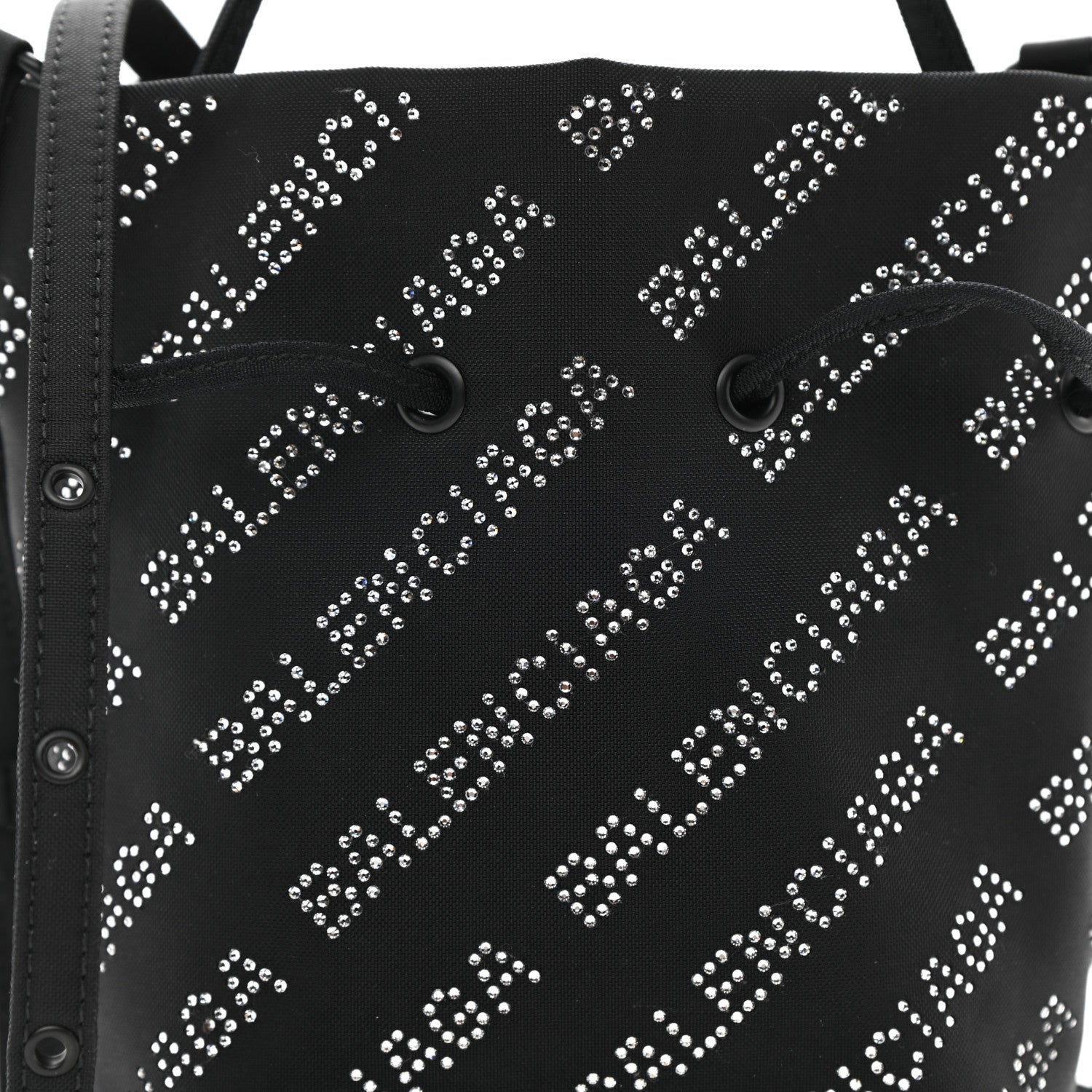Balenciaga Recycled Sport Nylon Crystal Allover Logo Wheel Drawstring Bucket Bag Black Crystal 8 of 8