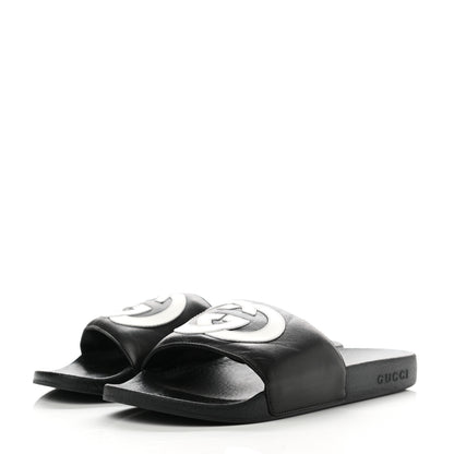 Gucci Nappa Miro Soft Calfskin Womens Interlocking G Slide Sandals 39 Black White 3 of 7