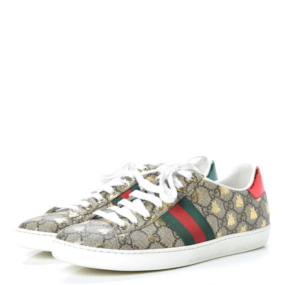 Gucci GG Supreme Monogram Bees Ayers Web Womens Ace Sneakers 38.5 Beige Oro Green Red 3 of 14