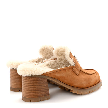 Hermes Suede Goatskin Woolskin Flore 60 Mules 38.5 Brun Amourette Ecru 5 of 8