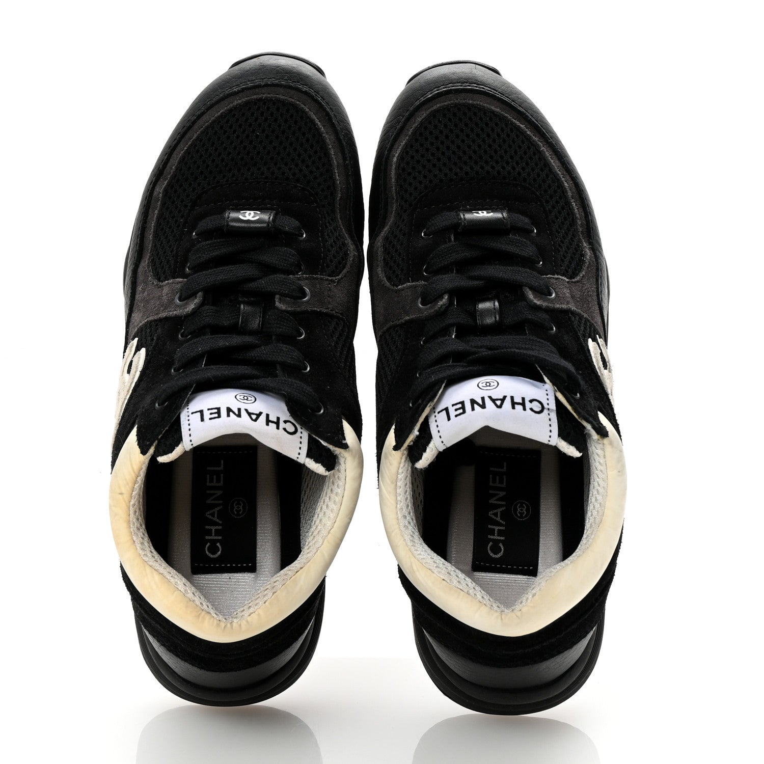 Chanel Mesh Suede Grained Calfskin Womens CC Sneakers 36.5 Black White 2 of 10