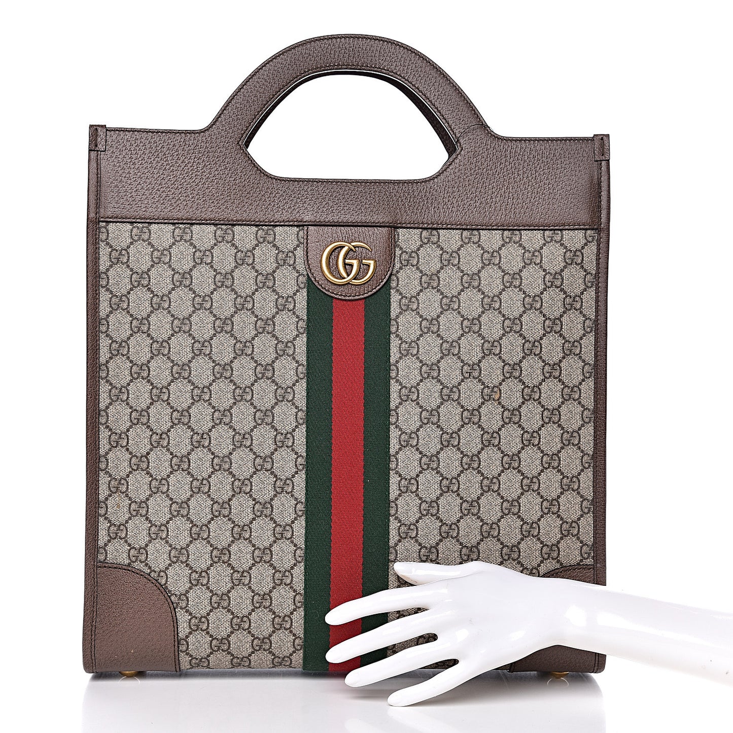 GG Supreme Monogram Textured Calfskin Web Medium Ophidia Slip Handle Tote Beige Ebony New Acero