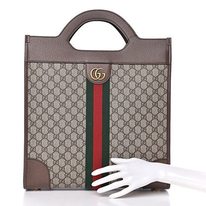 Gucci GG Supreme Monogram Textured Calfskin Web Medium Ophidia Slip Handle Tote Beige Ebony New Acero 3 of 11