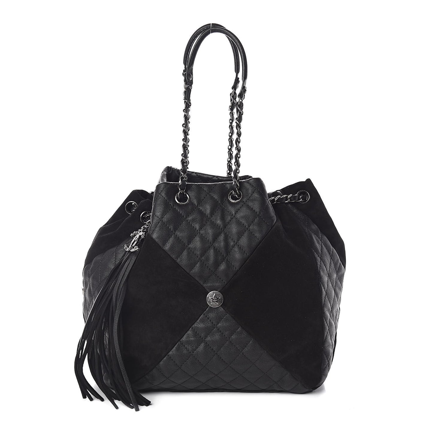 Goatskin Suede Calfskin Quilted Patchwork Drawstring Bag Black