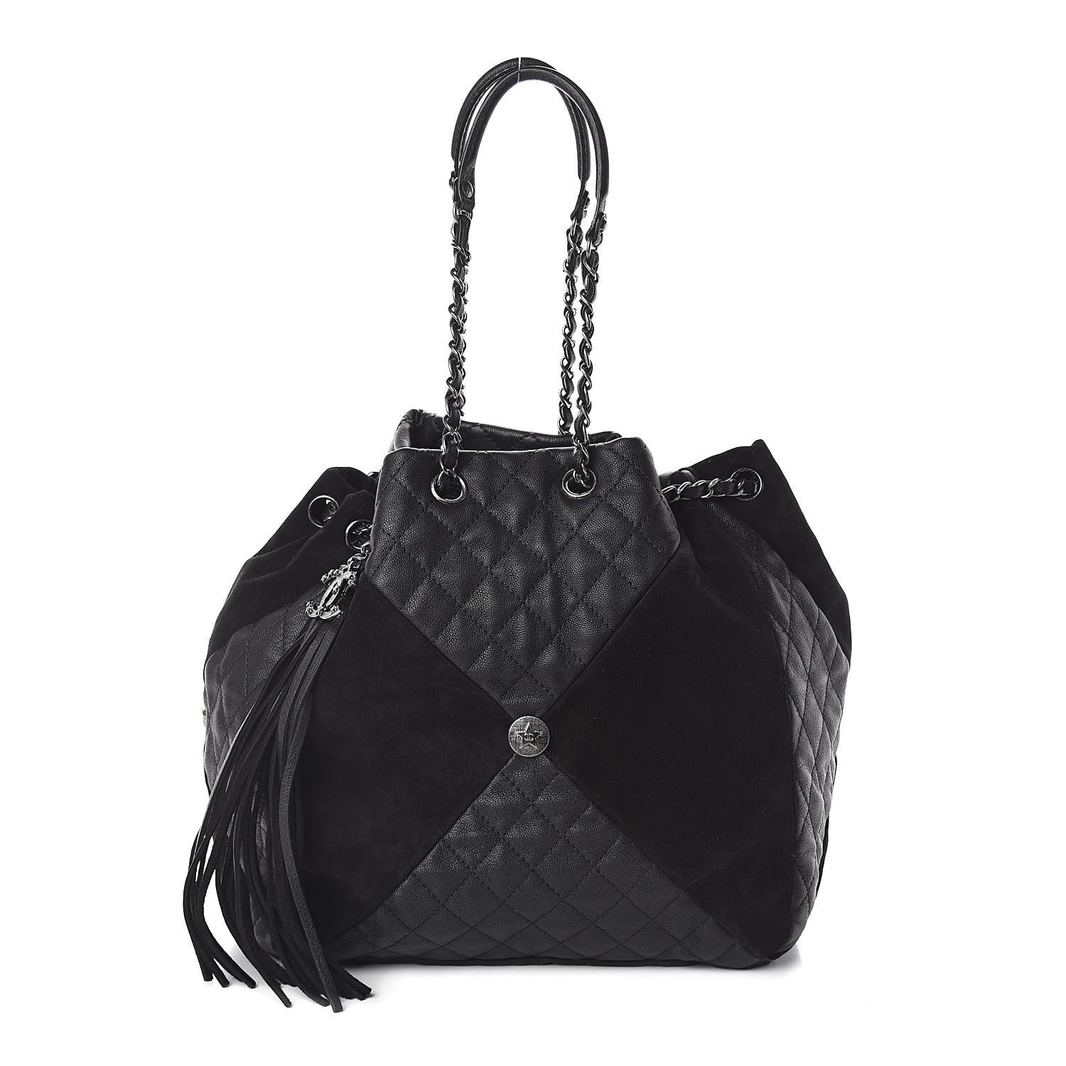 Chanel Goatskin Suede Calfskin Quilted Patchwork Drawstring Bag Black 1 of 10