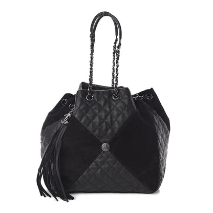Chanel Goatskin Suede Calfskin Quilted Patchwork Drawstring Bag Black 1 of 10