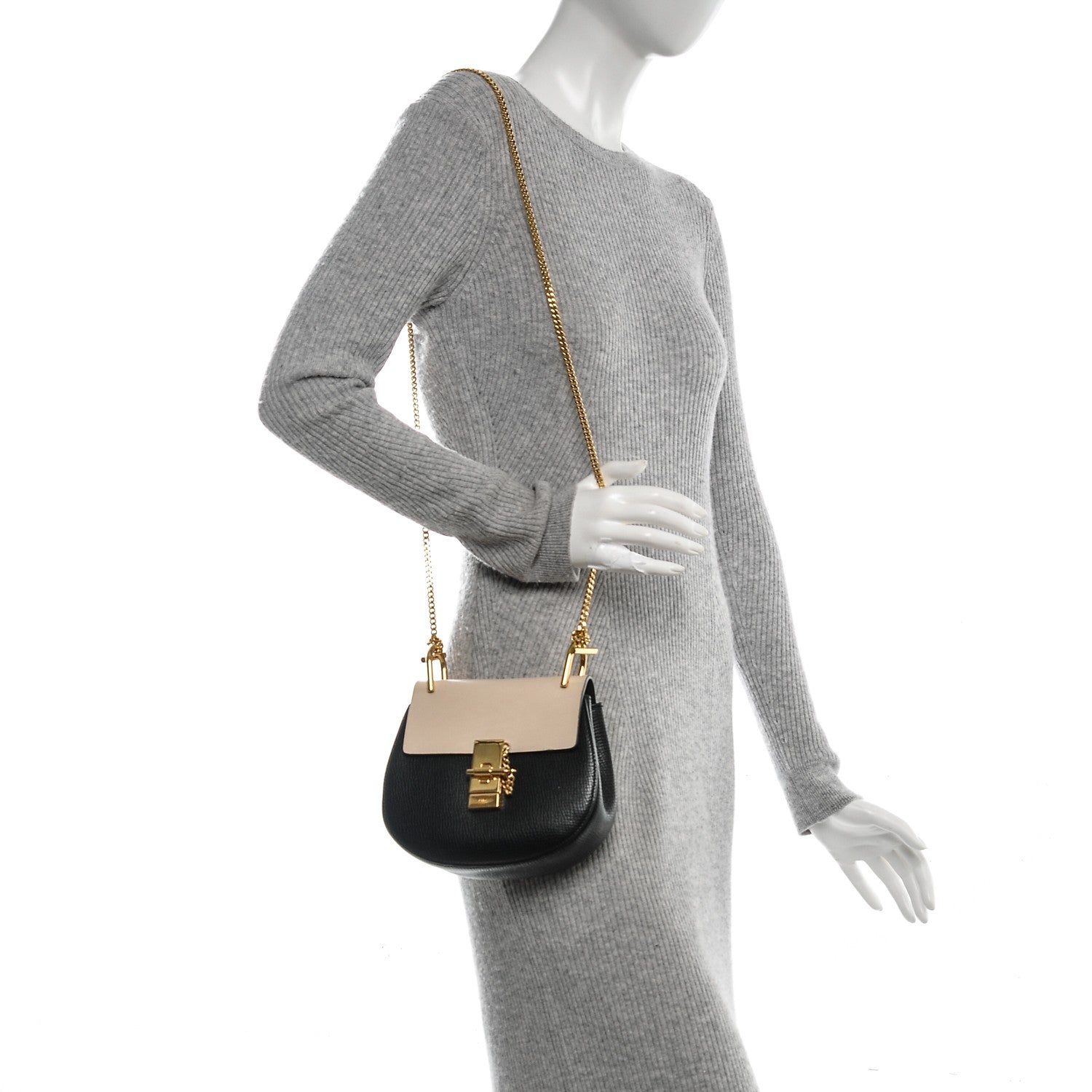 Chloe Grained Calfskin Lambskin Mini Bi-Color Drew Shoulder Bag Black Powder Beige 2 of 11