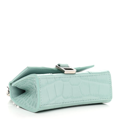 Balenciaga Shiny Calfskin Crocodile Embossed Hourglass Top Handle Bag Mini with Chain Green Acqua 4 of 10