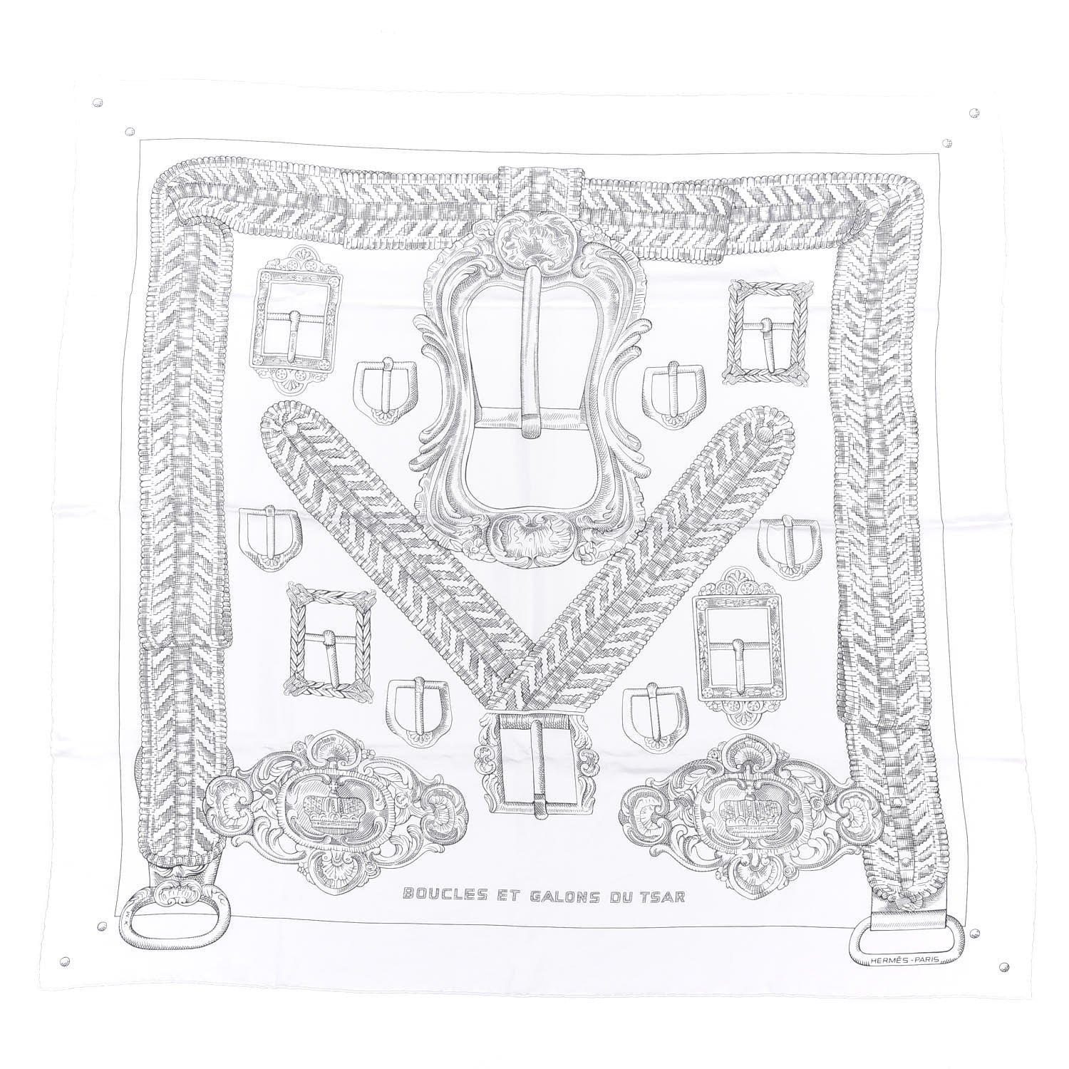 Hermes Silk Boucles Et Galons Du Tsar Scarf 90 Blanc Casse Black 1 of 4