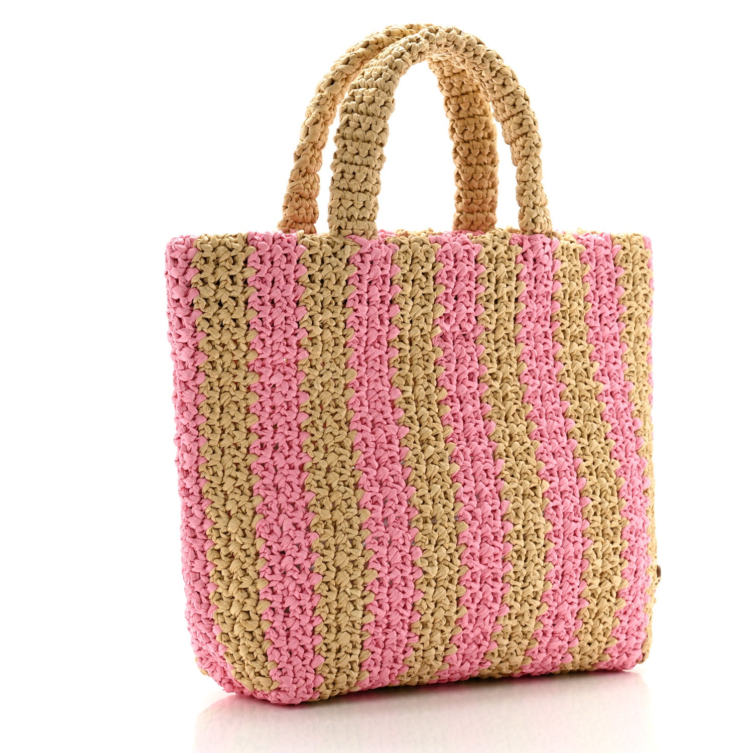 Prada Yarn Raffia Effect Crochet Striped Small Logo Tote Naturale Petalo 3 of 10
