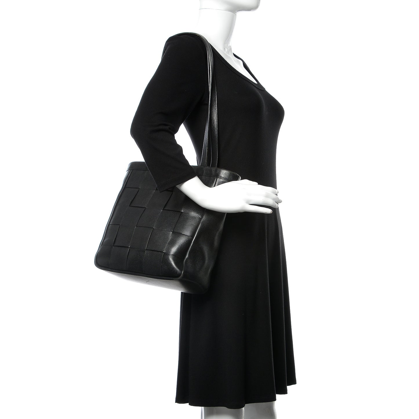 Grained Calfskin Woven Shoulder Bag Black