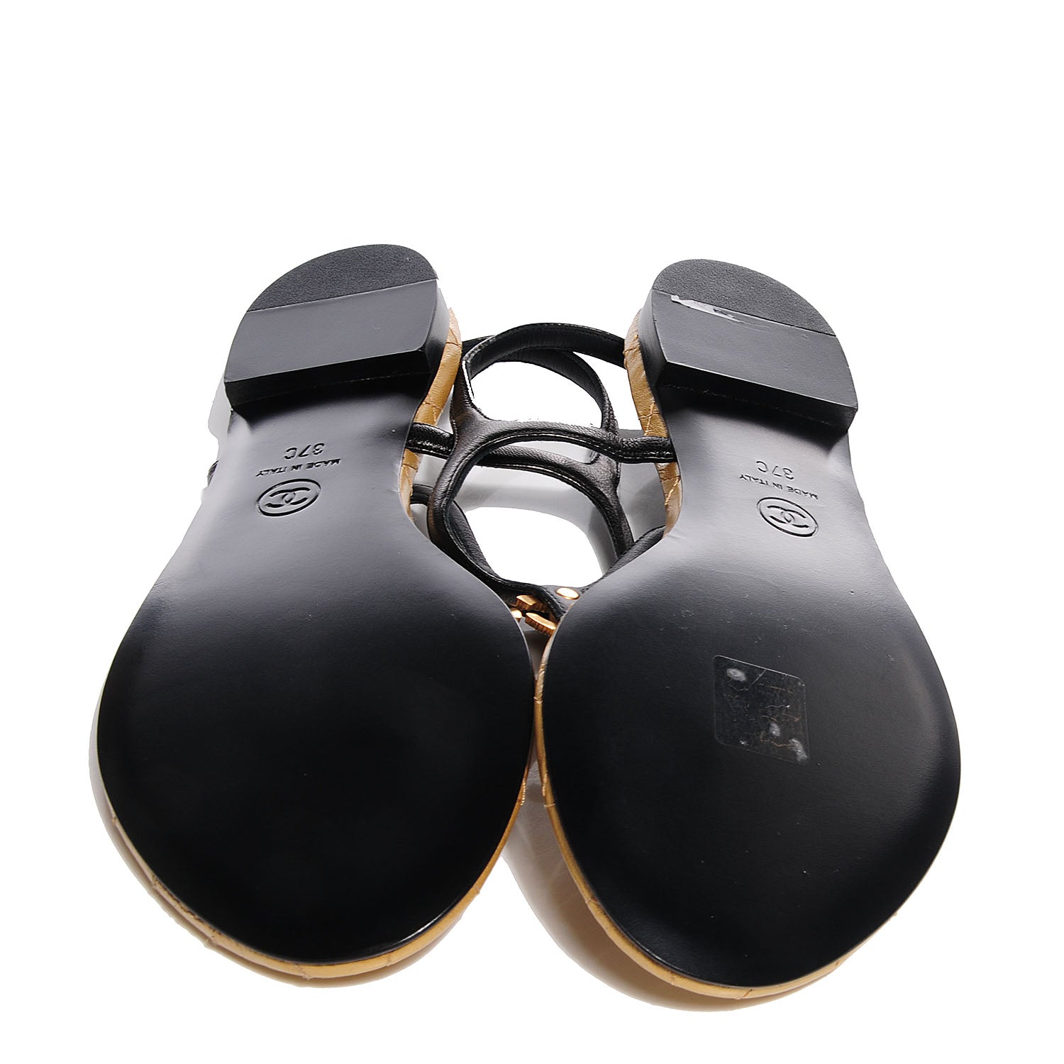 Chanel Leather Quilted CC Thong Sandals 37 Black Gold 5 of 7