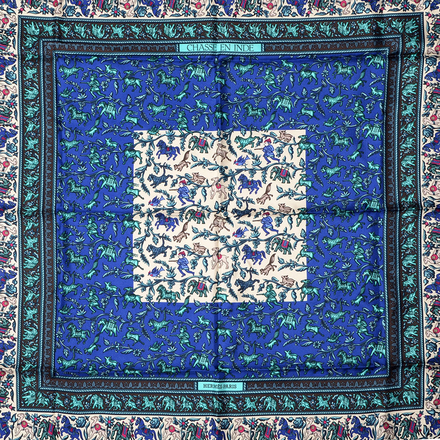 Silk Chasse En Inde Scarf 90 Gris Bleu dur Craie Aqua