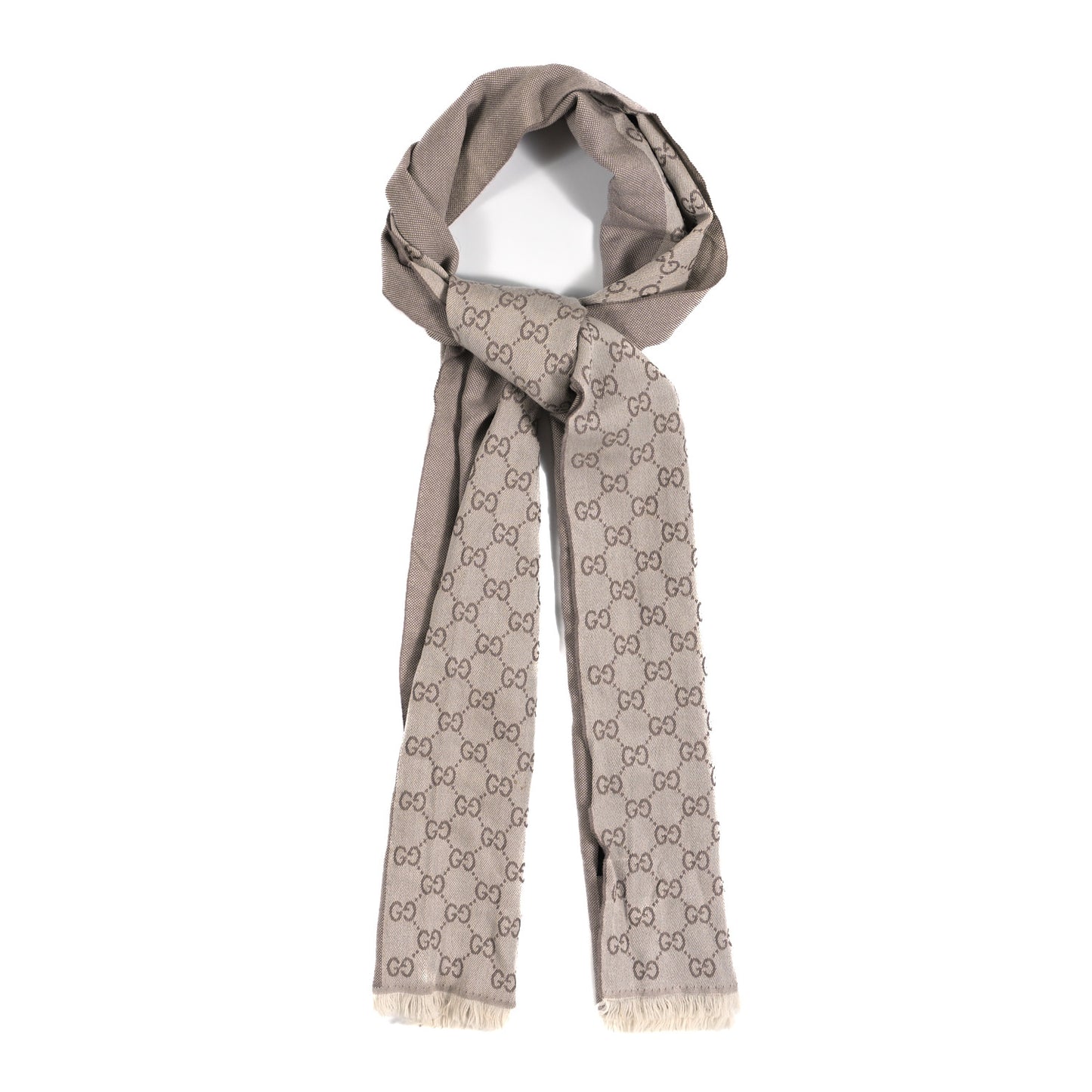 Wool GG Monogram HalfGG Fringe Scarf Ivory Beige
