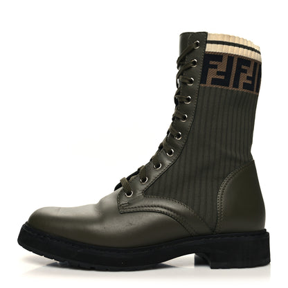 Fendi Vitello Stretch Fabric FF Rockoko Biker Boots 40.5 Military Oliva Tobacco Black 1 of 7