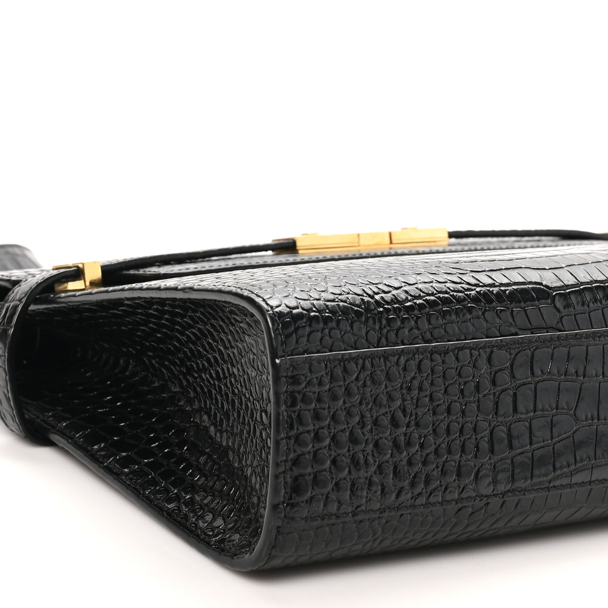 Shiny Calfskin Crocodile Embossed Manhattan Baguette Black