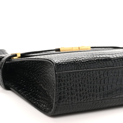 Saint Laurent Shiny Calfskin Crocodile Embossed Manhattan Baguette Black 8 of 9