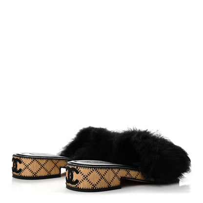 Chanel Shearling Lambskin CC Mules Sandal 37 Black White 5 of 10