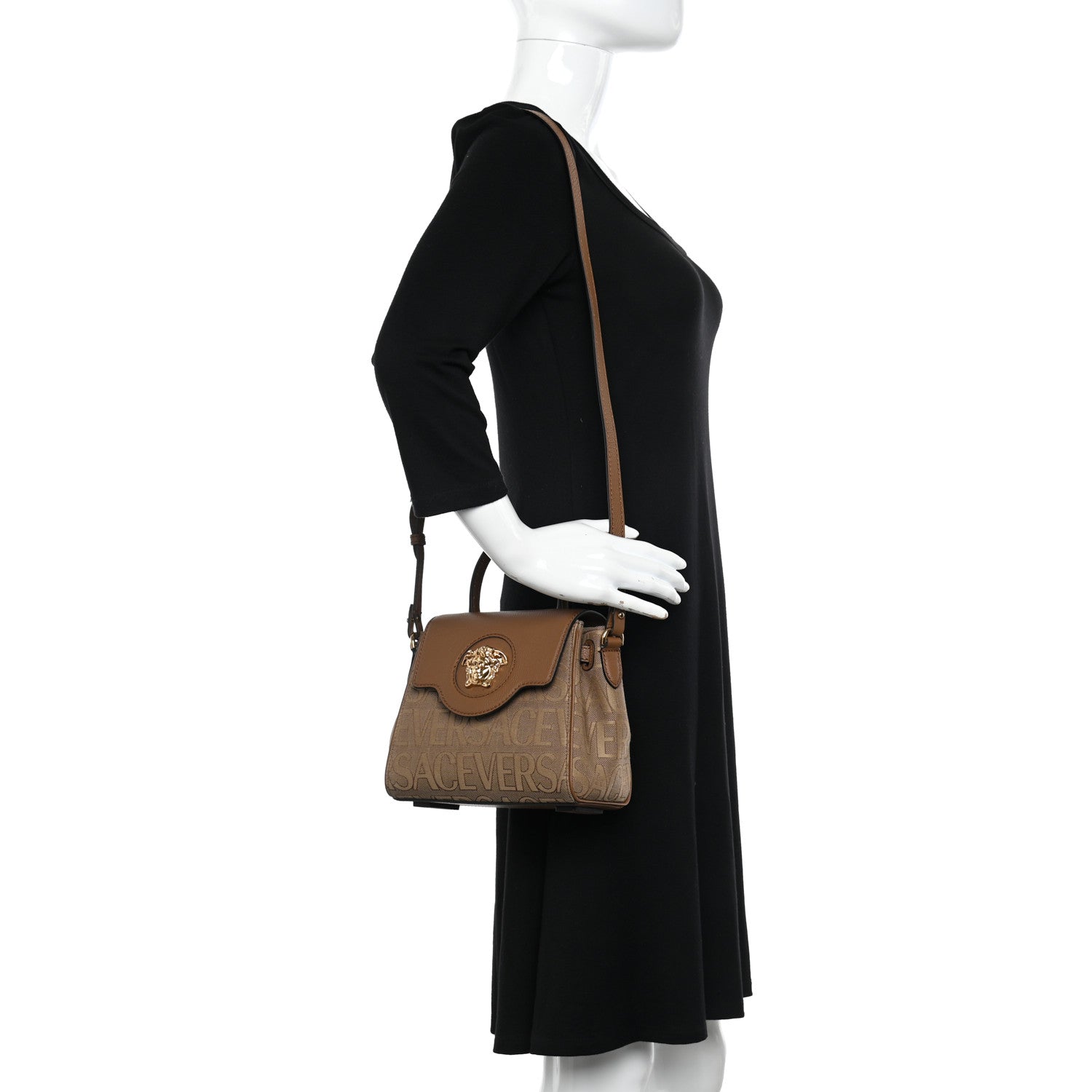 Versace Calfskin Canvas Allover La Medusa Small Top Handle Handbag Brown 2 of 10