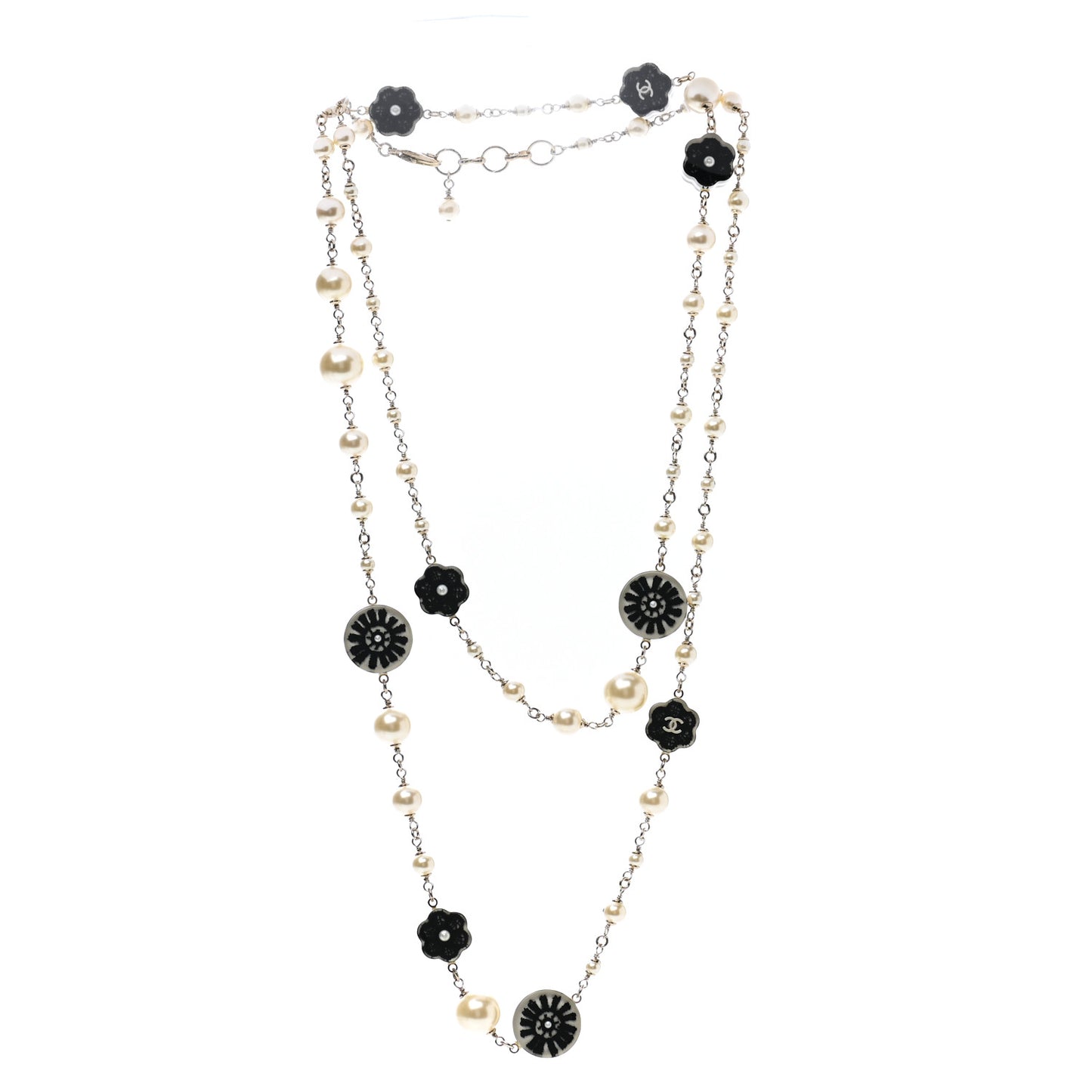 Pearl Resin Camellia CC Long Necklace Gold Pearly White Black