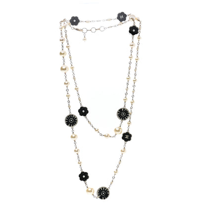 Chanel Pearl Resin Camellia CC Long Necklace Gold Pearly White Black 3 of 5