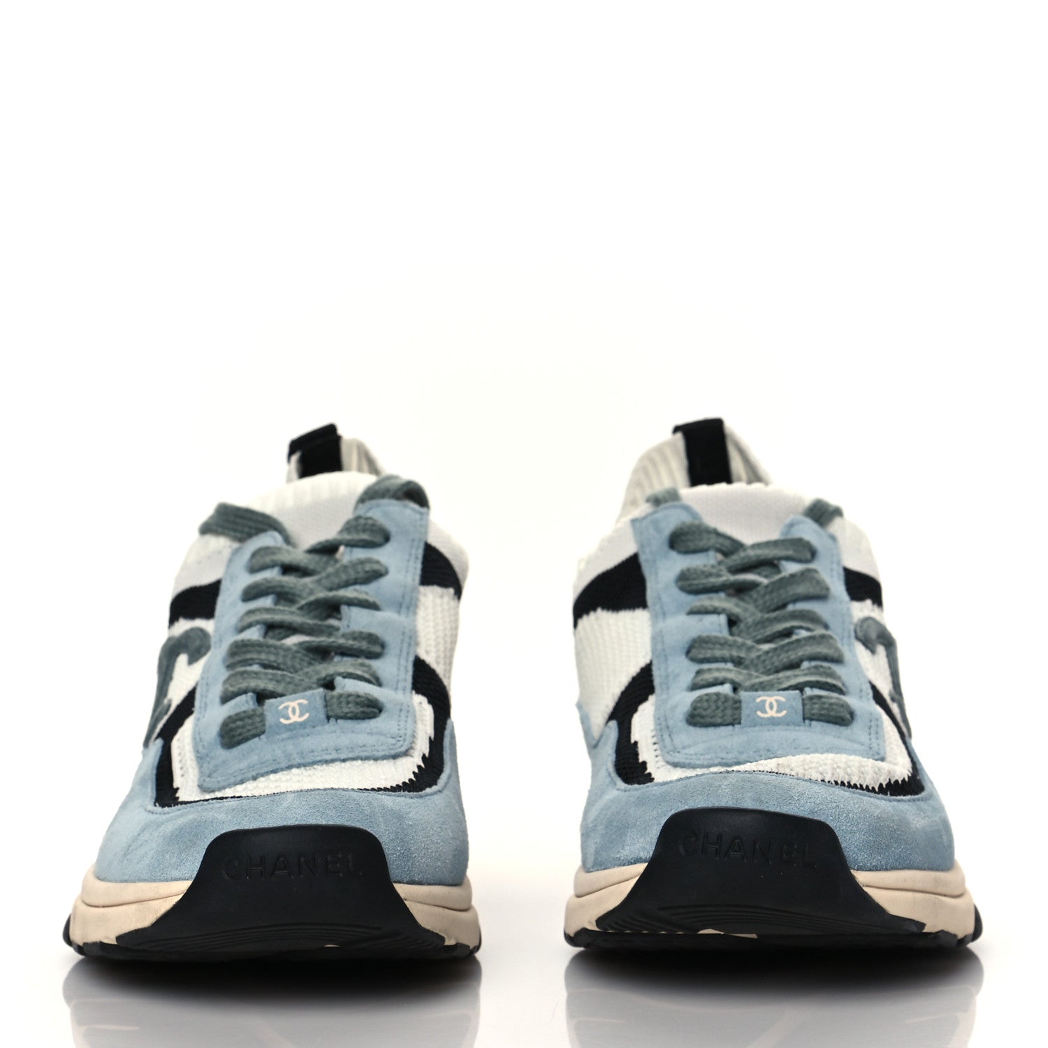 Chanel Mesh Suede Fabric Womens CC Sneakers 39.5 Blue Black White 2 of 7
