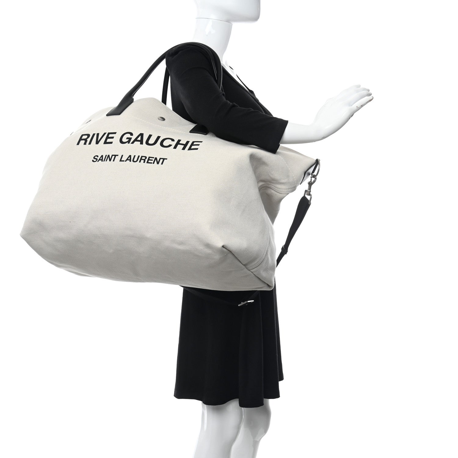 Saint Laurent Linen Calfskin Rive Gauche Maxi Tote Grege et Noir 2 of 9