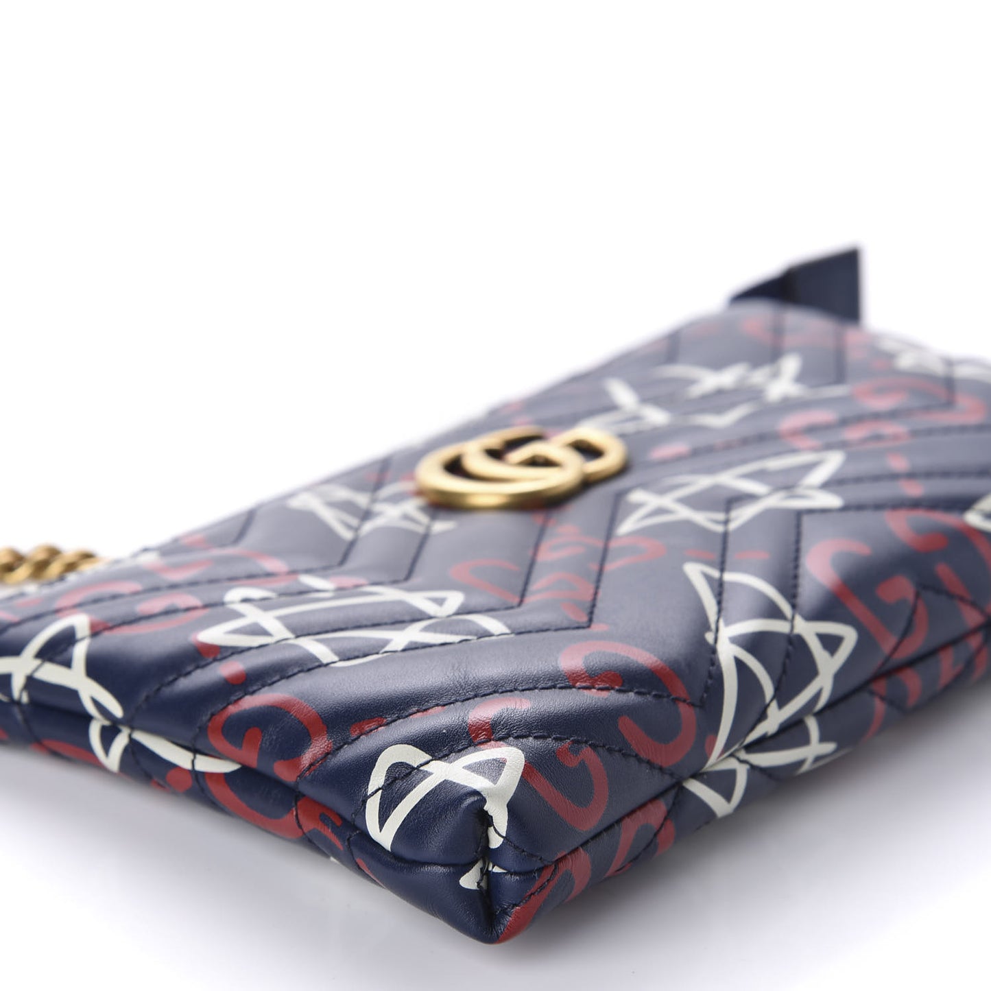 Calfskin Matelasse GucciGhost Mini GG Marmont Chain Bag Blue Agata Hibiscus Red