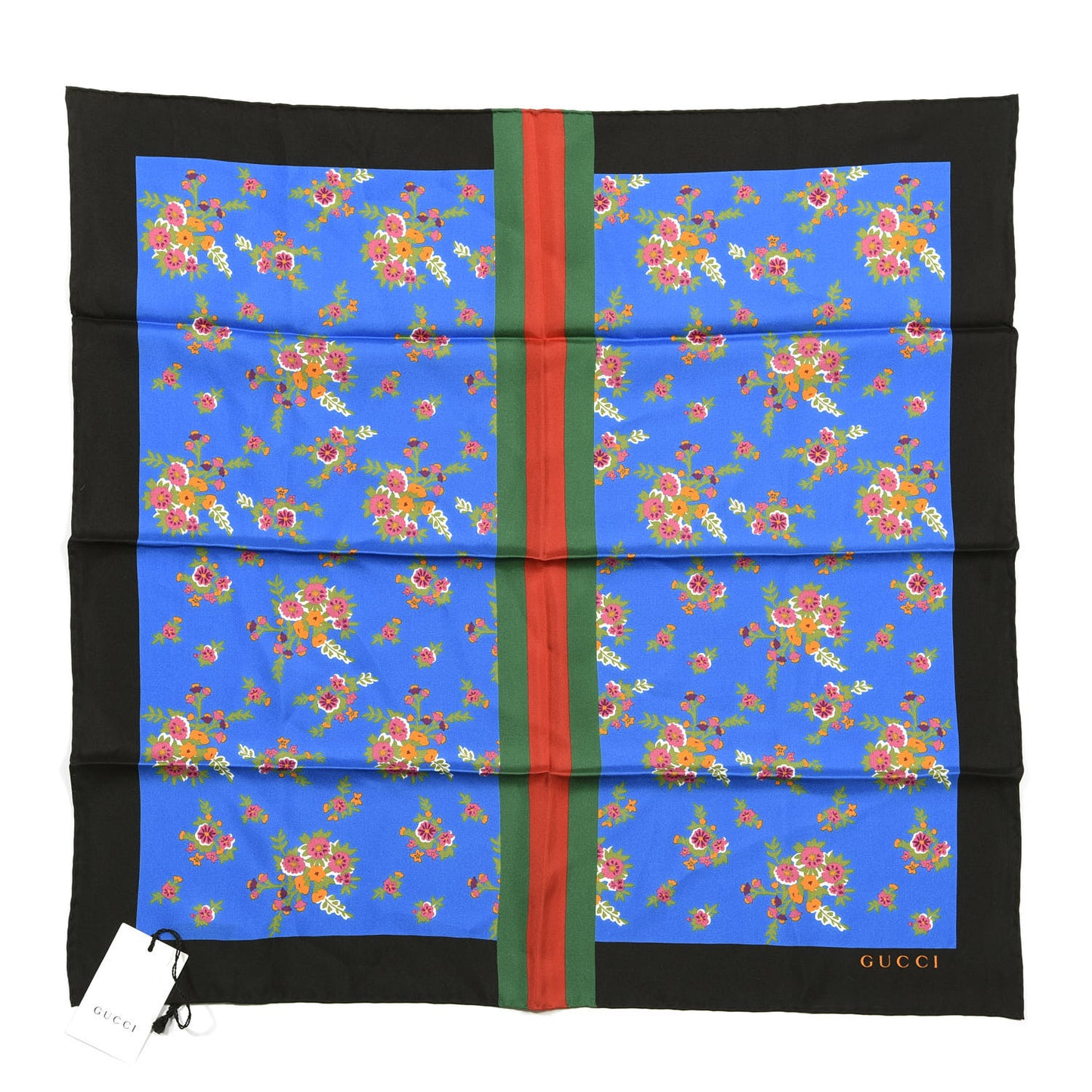 Silk Floral Print Web Square Scarf Black Blue