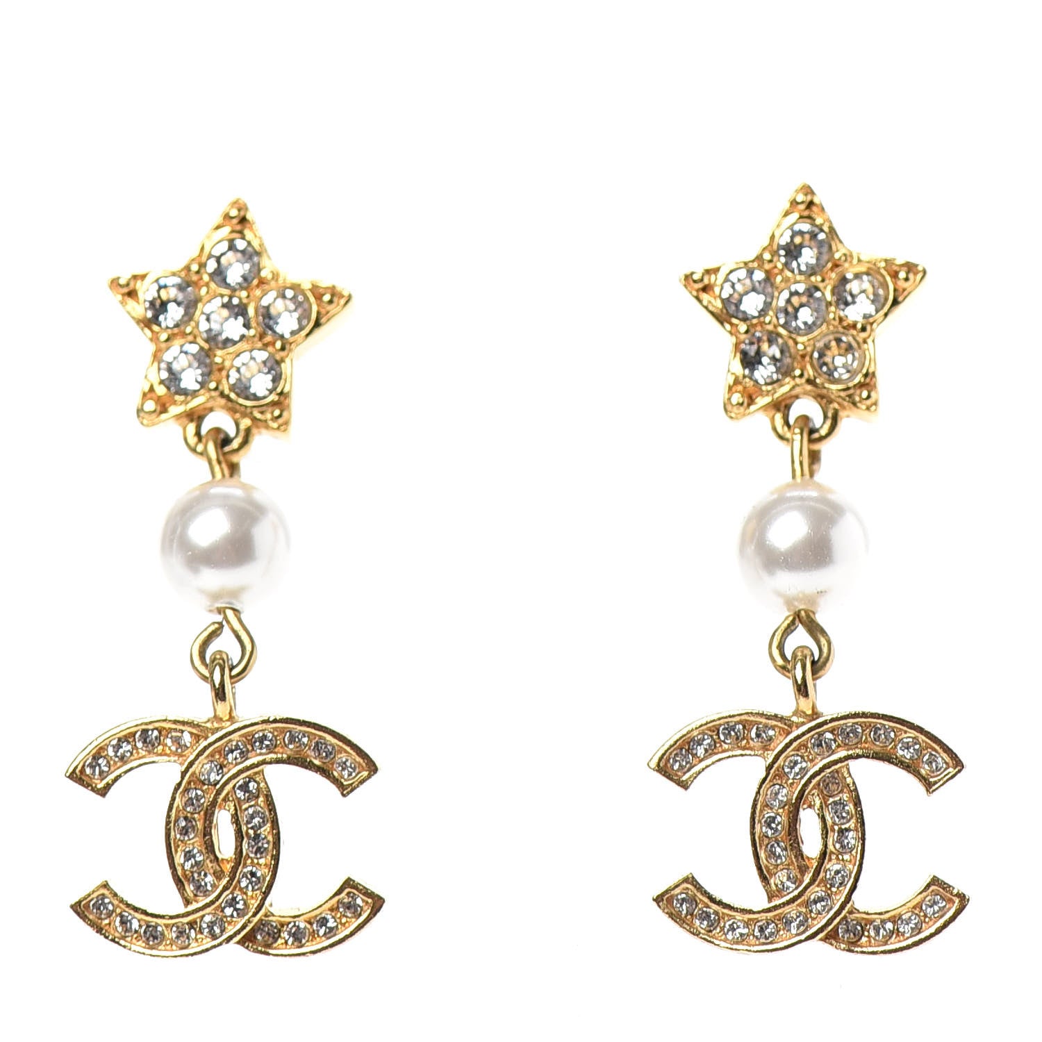 Chanel Crystal Pearl CC Star Drop Earrings Gold 1 of 4