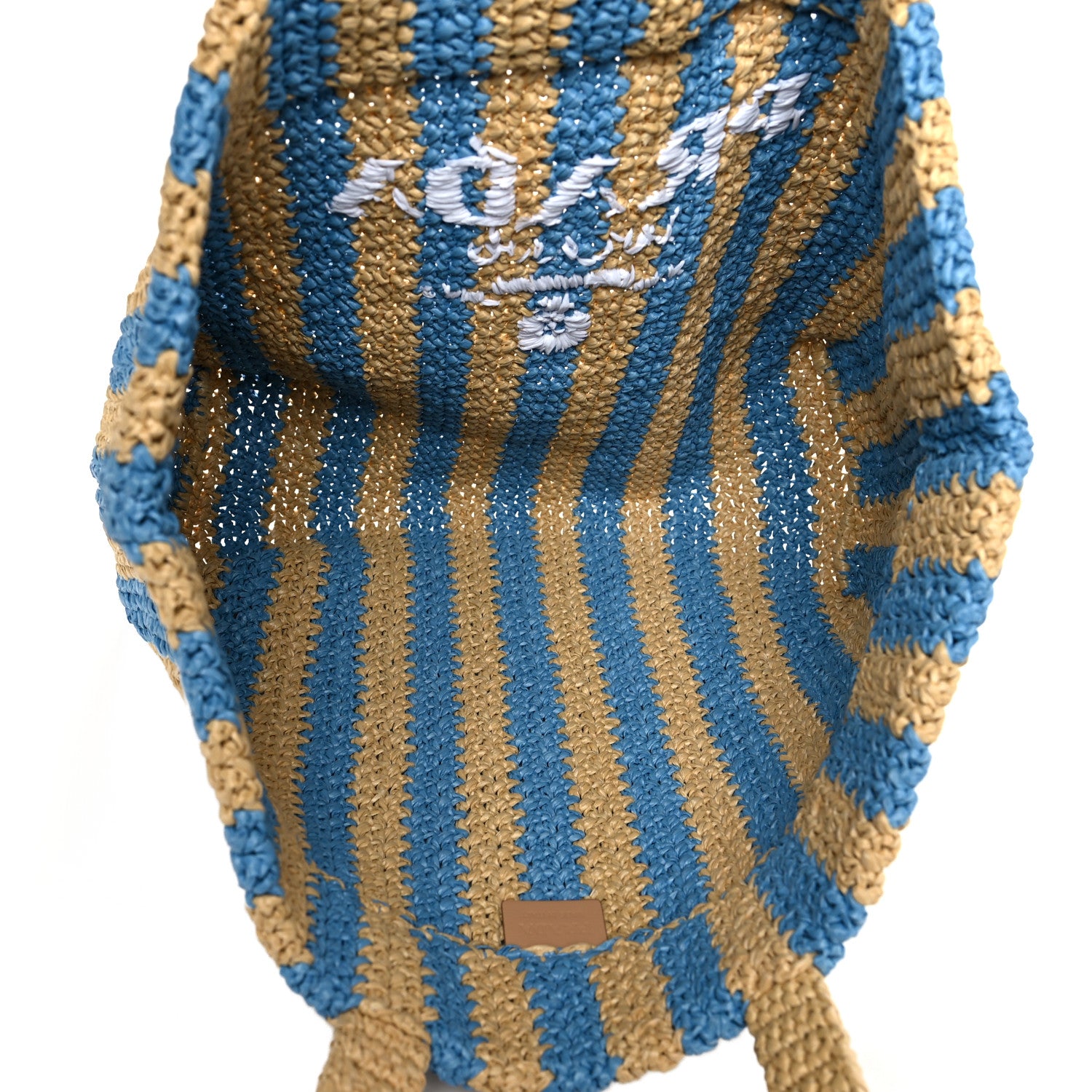 Prada Yarn Raffia Effect Crochet Striped Large Logo Tote Naturale Celeste 4 of 8