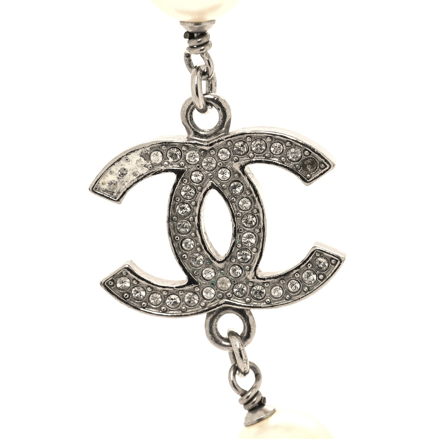 Graduated Pearl Crystal CC Long Necklace Silver