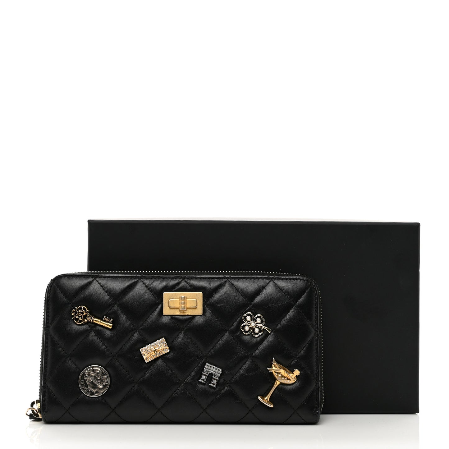 Aged Calfskin Quilted Lucky Charms 2.55 Reissue Zip Around Wallet Black
