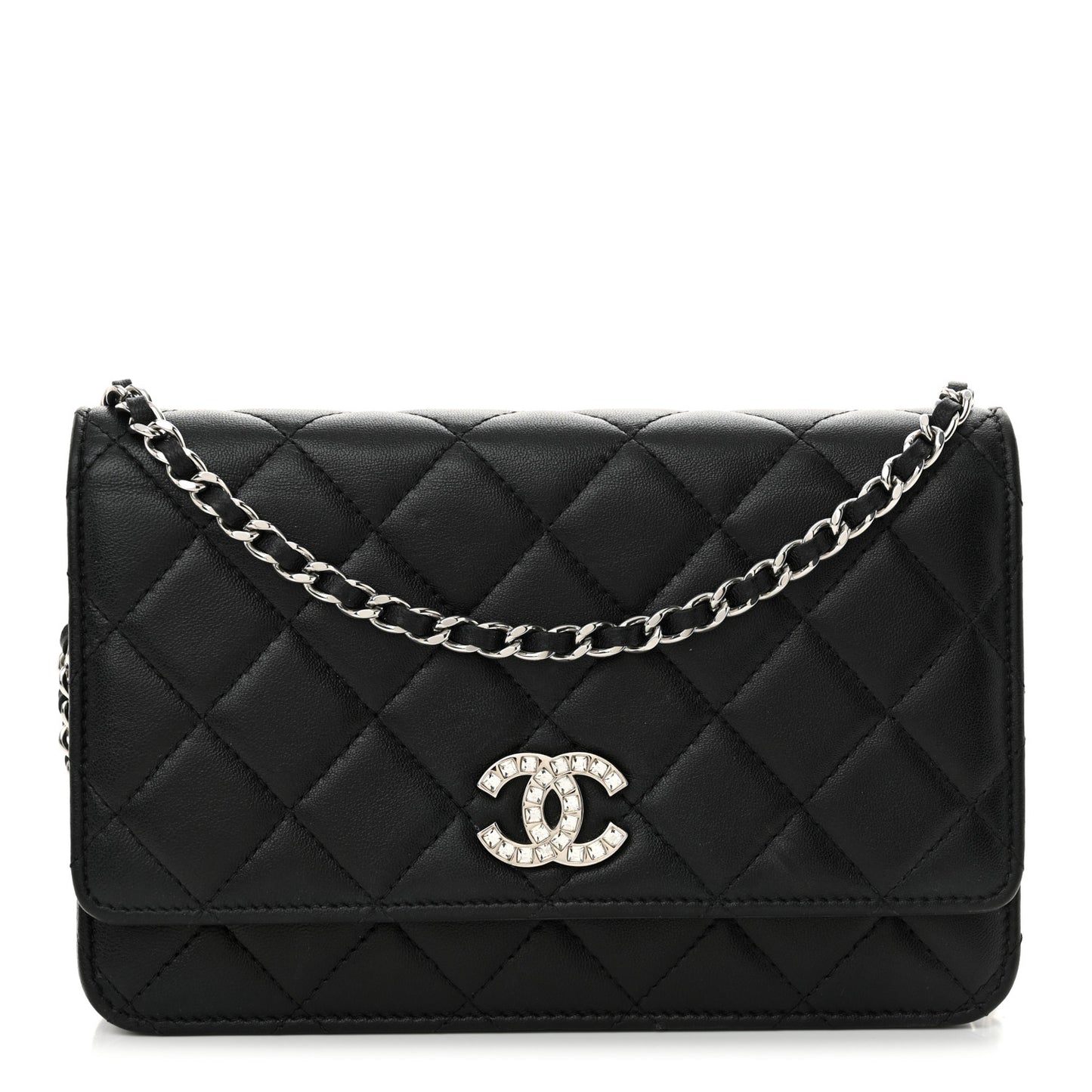 Lambskin Quilted Crystal CC Wallet On Chain WOC Black