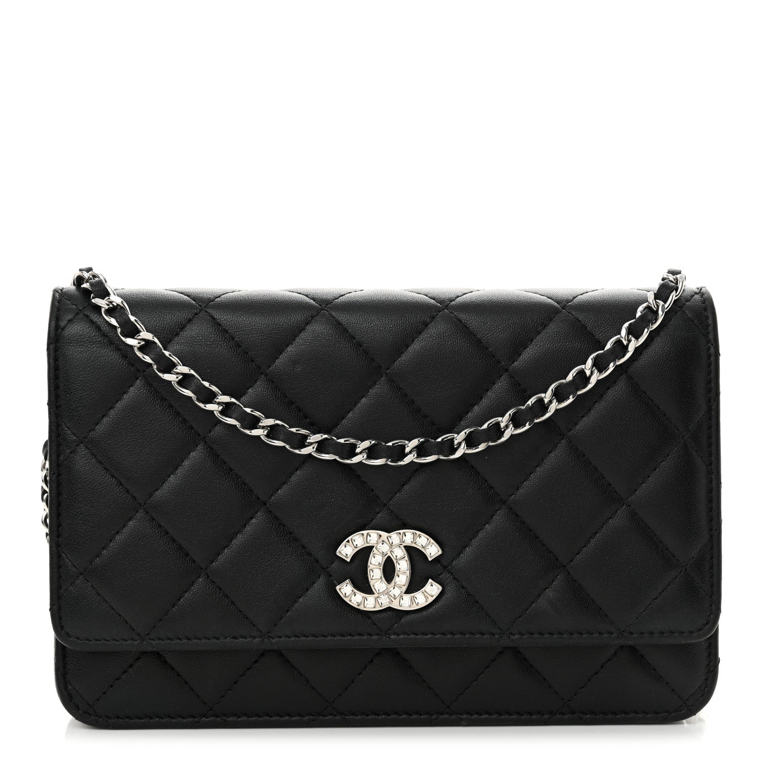 Chanel Lambskin Quilted Crystal CC Wallet On Chain WOC Black 1 of 12