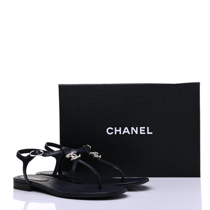 Chanel Lambskin Crystal CC Thong Sandals 38 Navy 9 of 9