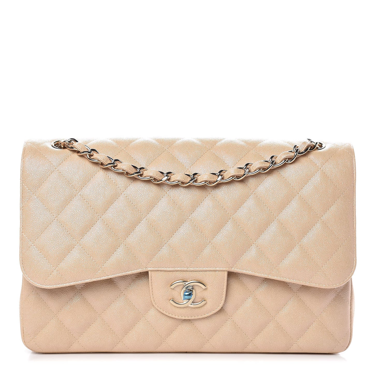 Iridescent Caviar Quilted Jumbo Double Flap Beige
