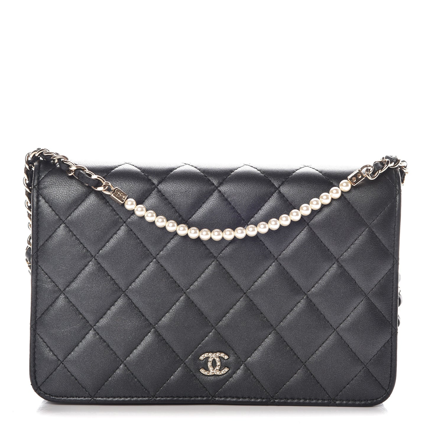 Iridescent Lambskin Quilted Pearl Wallet On Chain WOC Black