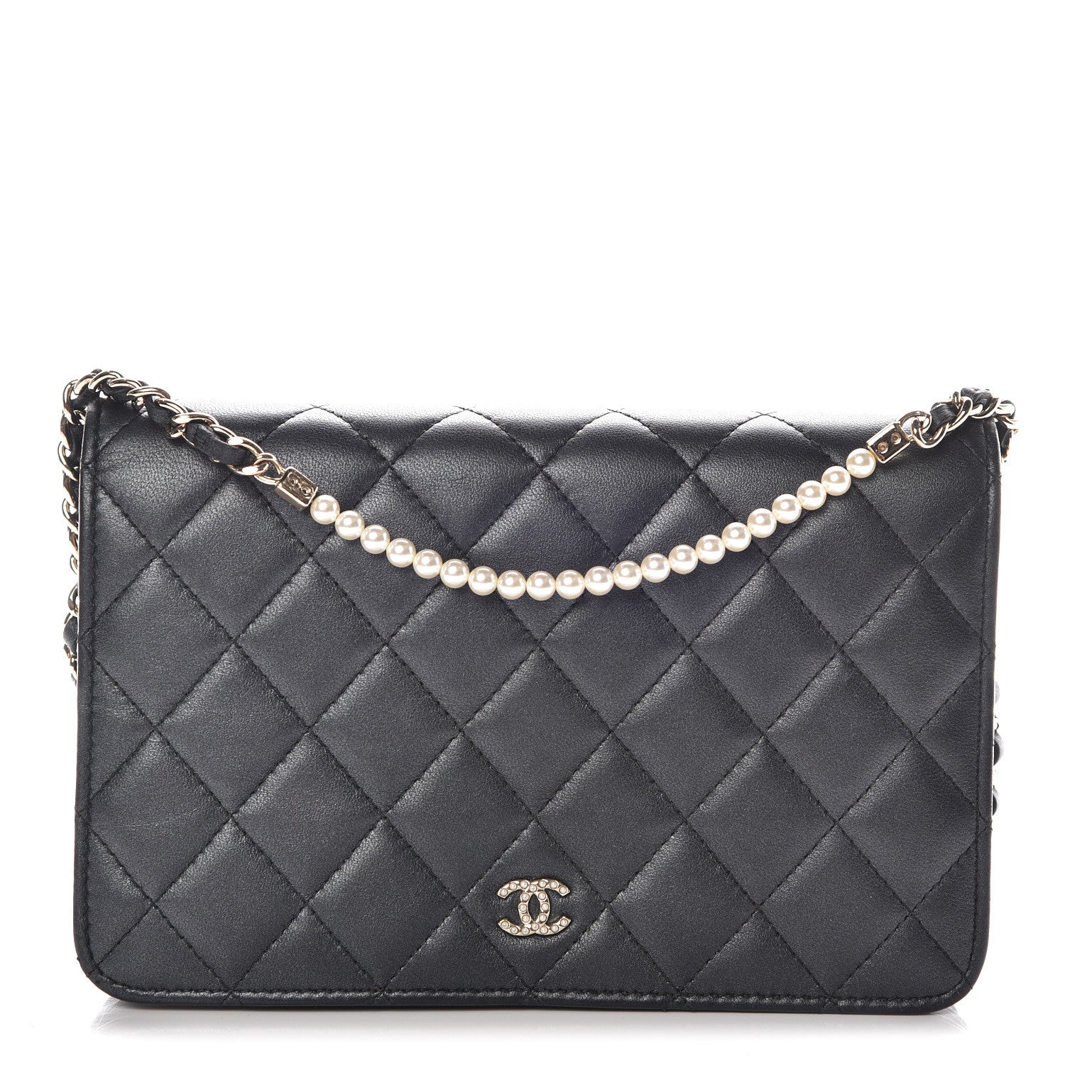 Chanel Iridescent Lambskin Quilted Pearl Wallet On Chain WOC Black 1 of 16