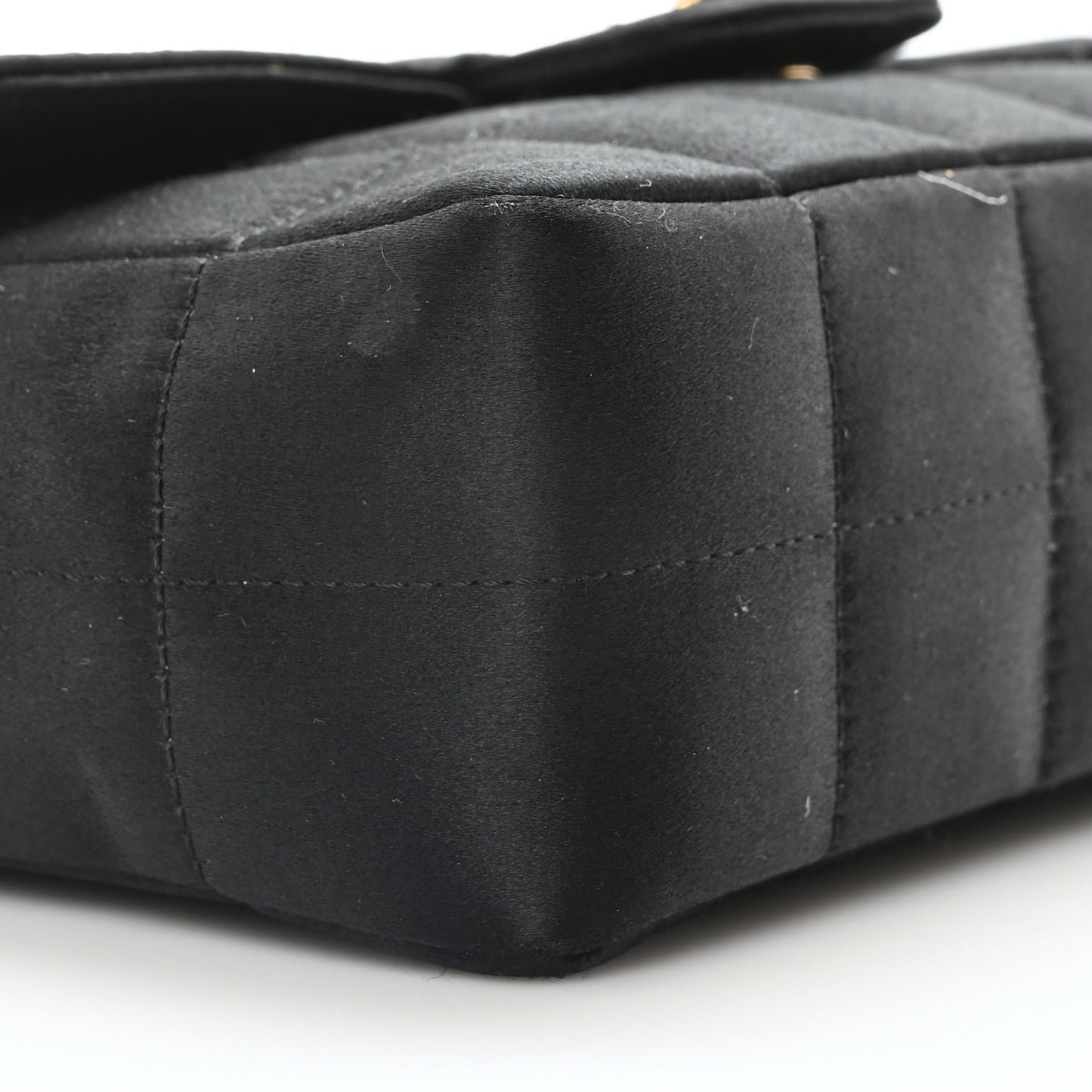 Satin Chocolate Bar Quilted Camellia Rectangular Mini Flap Black